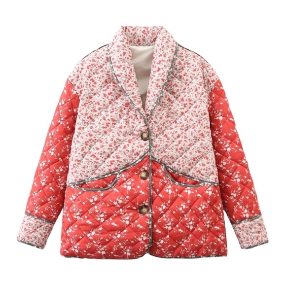The Carmen Vibrant Micro Floral Patchwork Cropped Coat Quilted Puffer Jacket - Picture 1 of 15